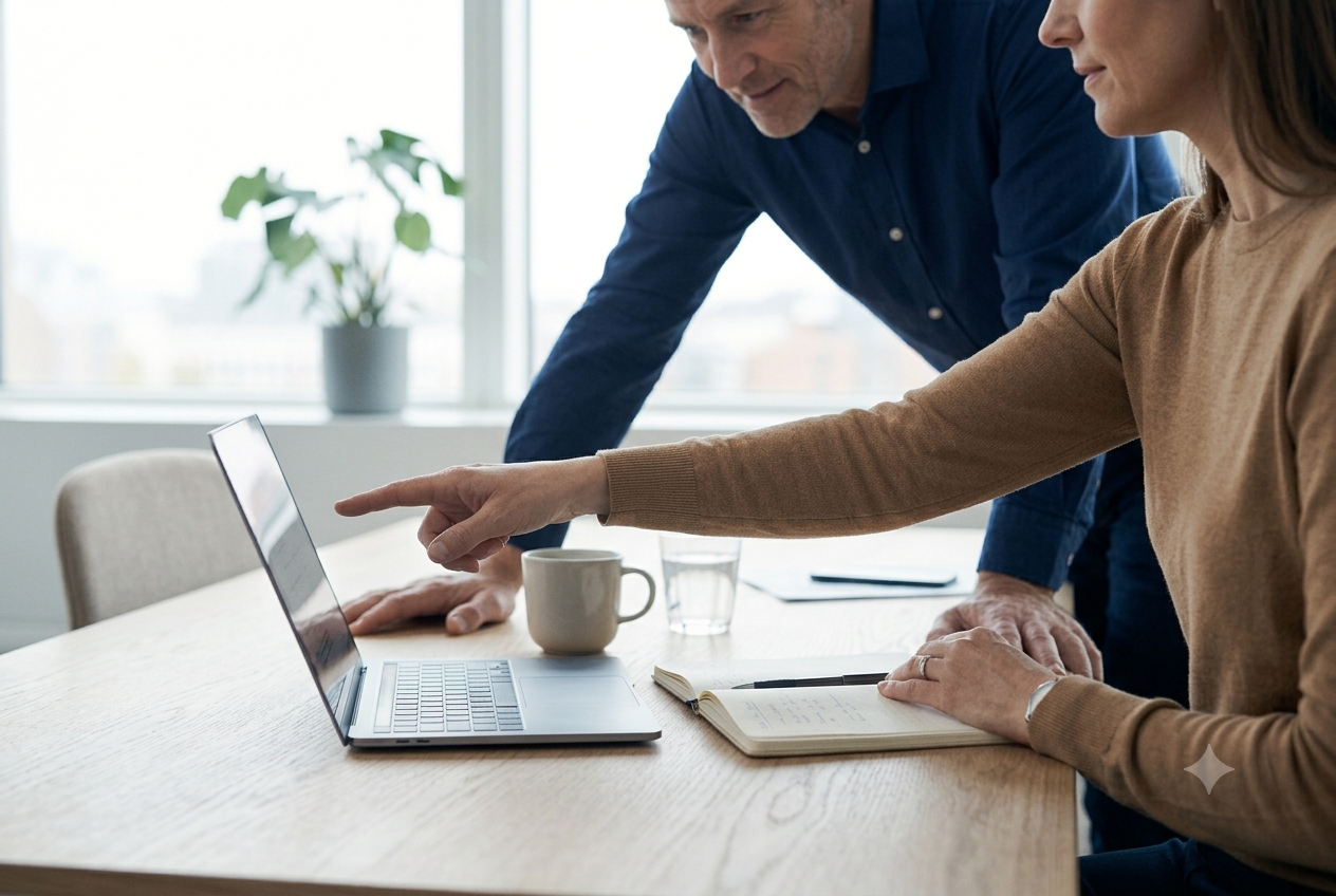 Two colleagues reviewing a project status